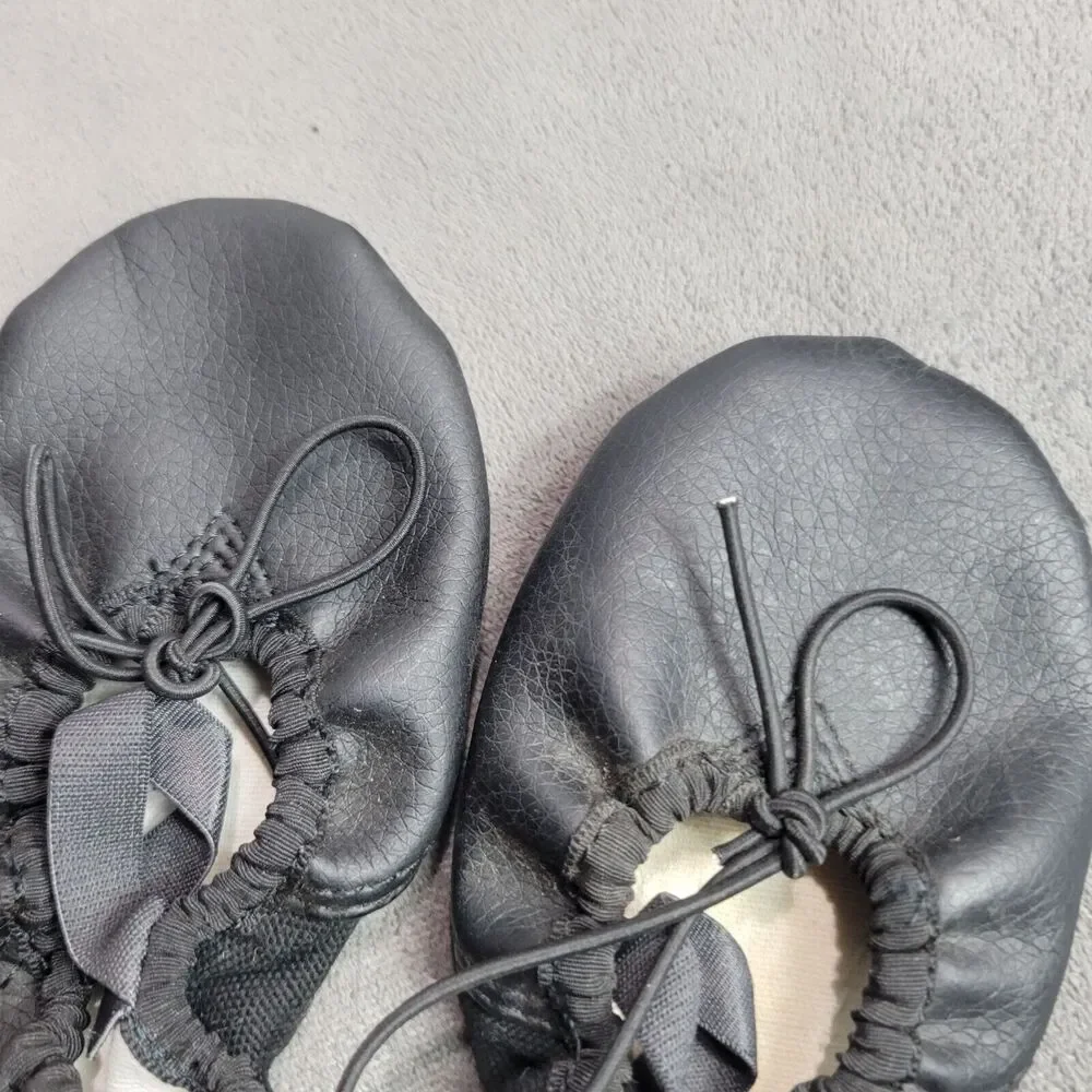 Black Leather Ballet Shoes Size 11 With Elastic Drawstring For Girls Soft Sole D